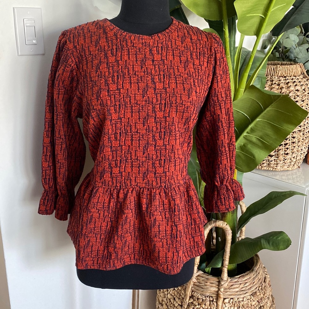 Anthropologie Red and Black Textured Peplum Blouse